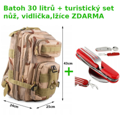 Akce taktický vojenský batoh survial 30 litrů desert + Set nůž, vidlička, lžíce